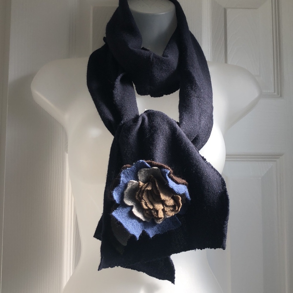 Look At Me Designs Blue Scarf, Knit Flower Accent Blue, grey, black, tan